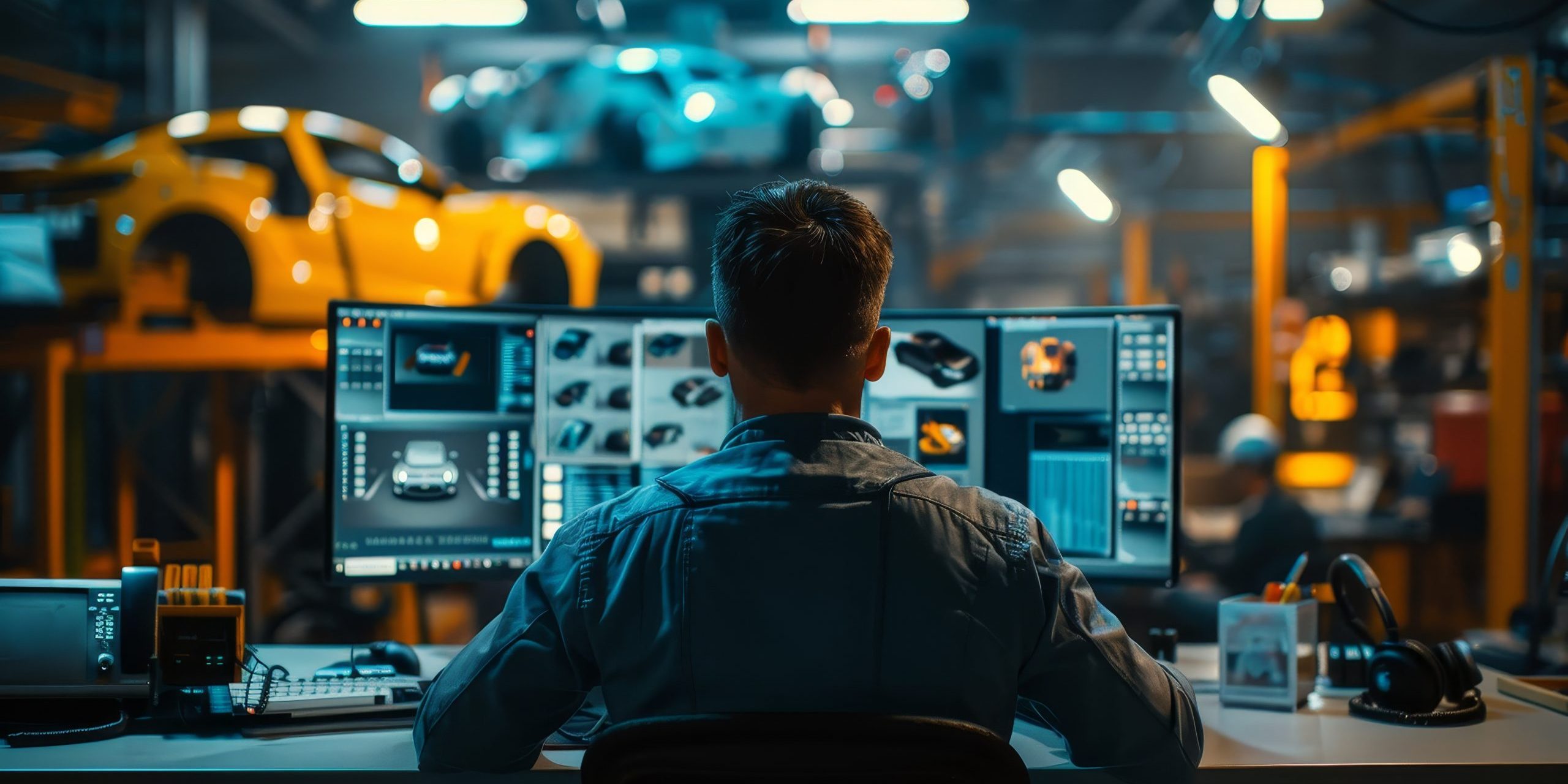 a male chief automotive engineer sitting in front of a computer monitoring control car factory work desk